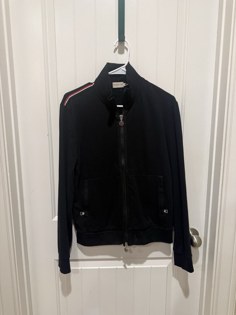 Moncler Black Zip-Up Track Jacket Medium Tricolor Stripe Logo Made in Italy